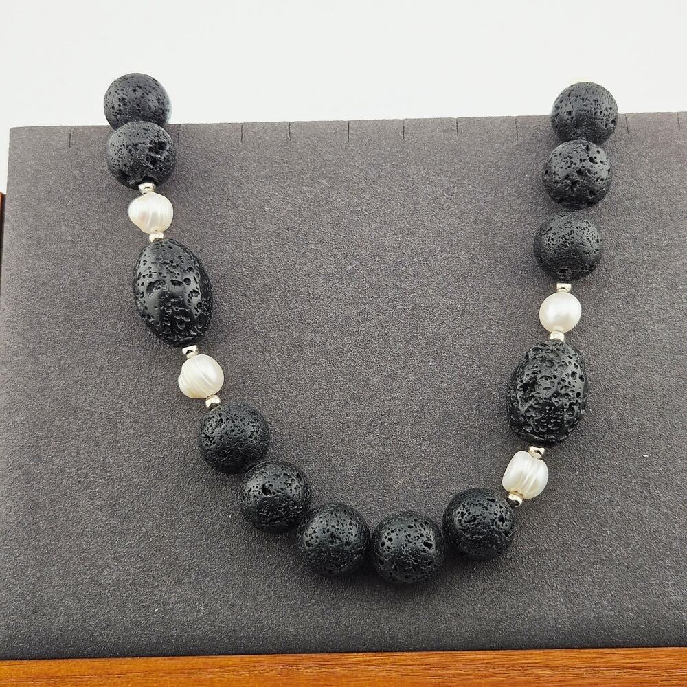 Lava Rock Style Round Beaded Necklace Black White Islander Earthy Boho Neutral